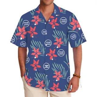Navy Blossom Hawaiian Button Up Shirt With Logo
