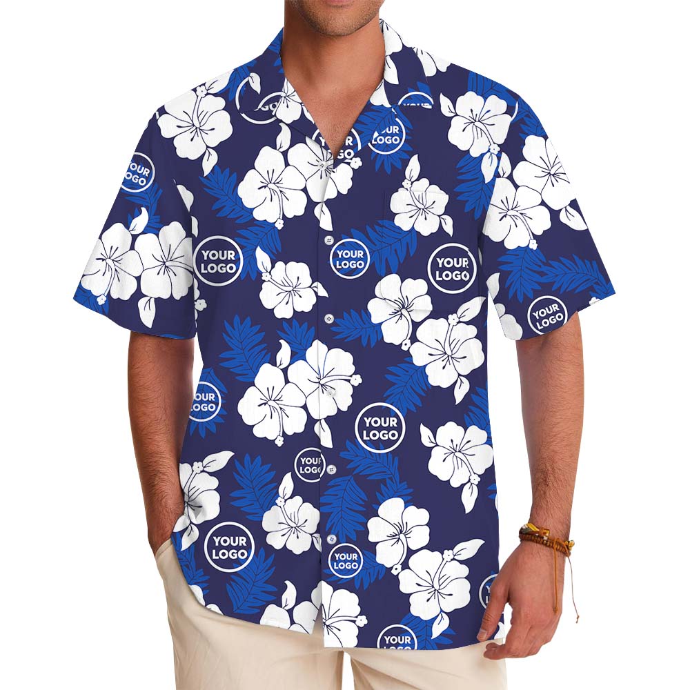 White And Navy Blossom Hawaiian Shirt With Logo - variant image 1
