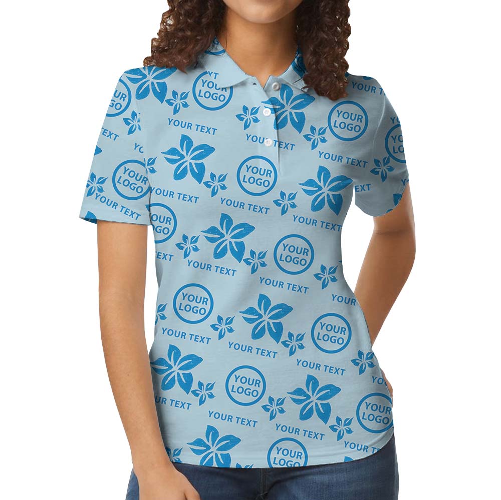 Custom Branding Blue Polo Shirt With Floral Print