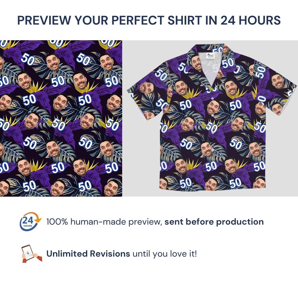 Custom Face And Age Purple Leaves Tropical Shirt