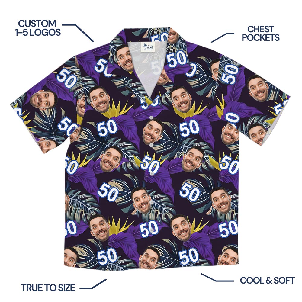 Custom Face And Age Purple Leaves Tropical Shirt