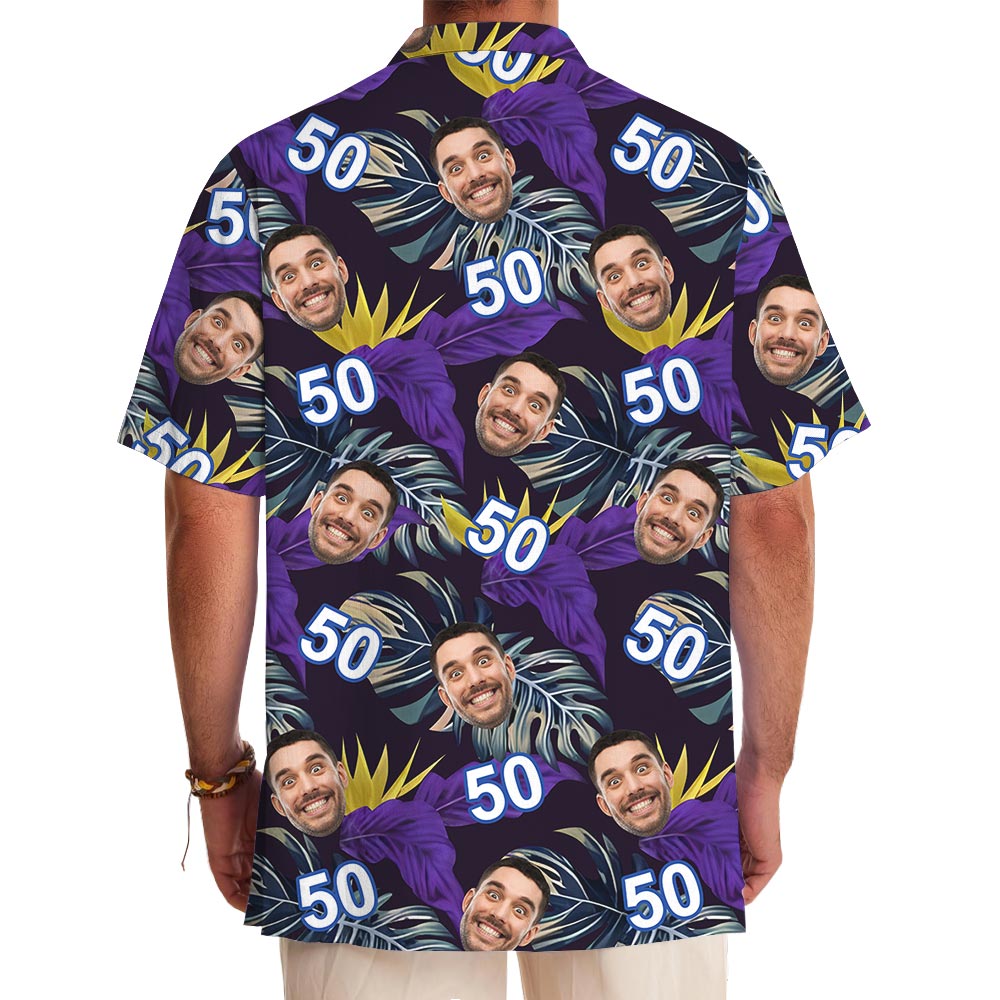 Custom Face And Age Purple Leaves Tropical Shirt