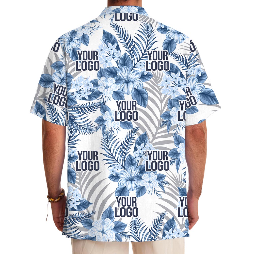 Design Company Logo Blue Tropical White Hawaiian Shirt