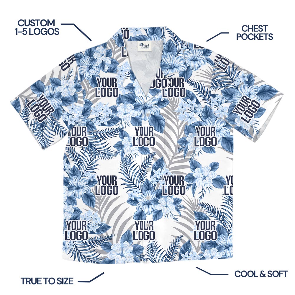 Design Company Logo Blue Tropical White Hawaiian Shirt
