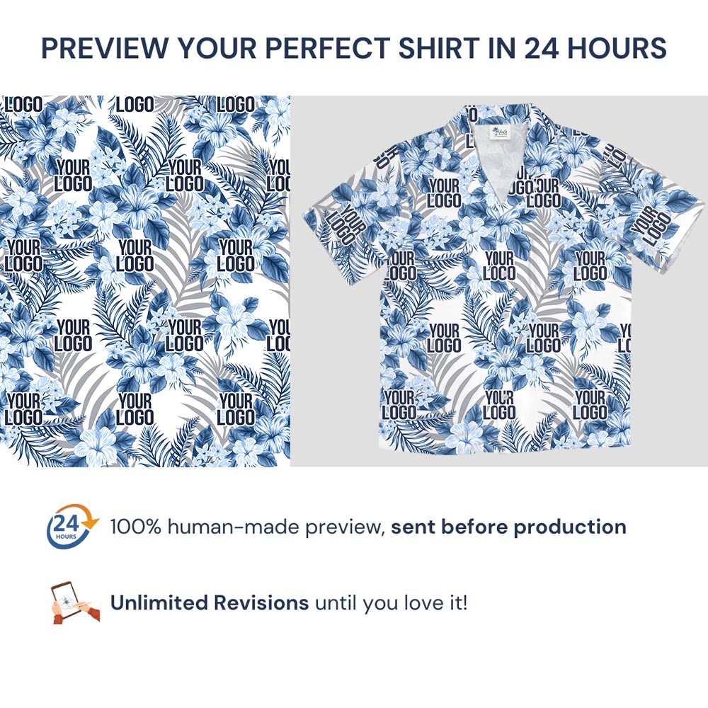 Design Company Logo Blue Tropical White Hawaiian Shirt