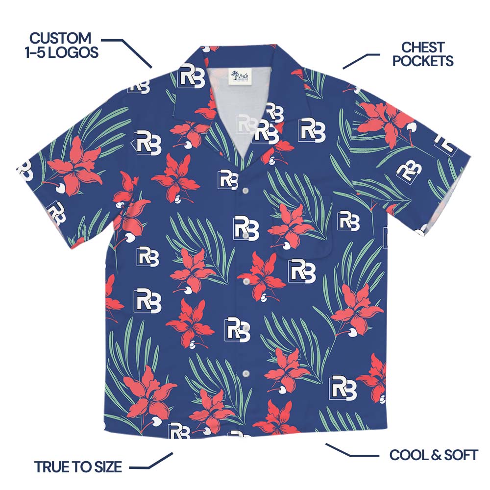 Navy Blossom Hawaiian Button Up Shirt With Logo
