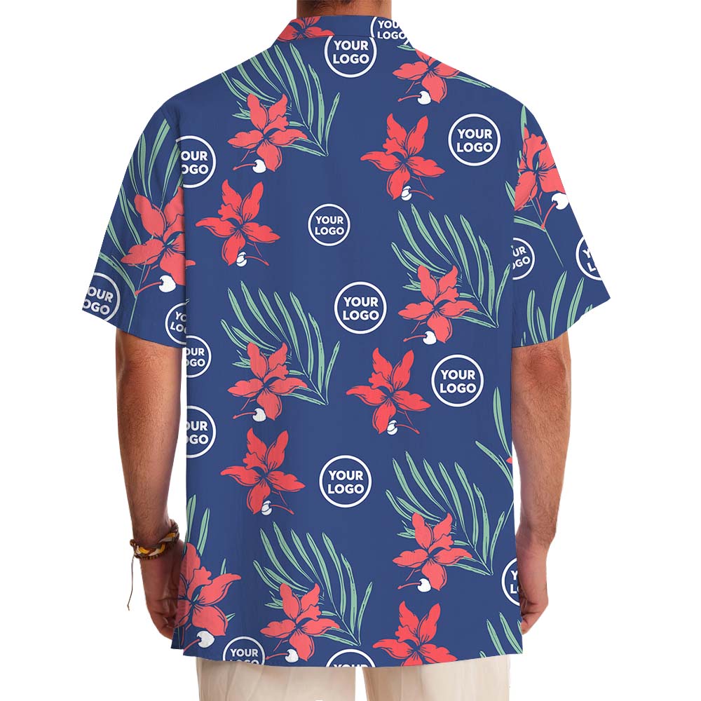 Navy Blossom Hawaiian Button Up Shirt With Logo