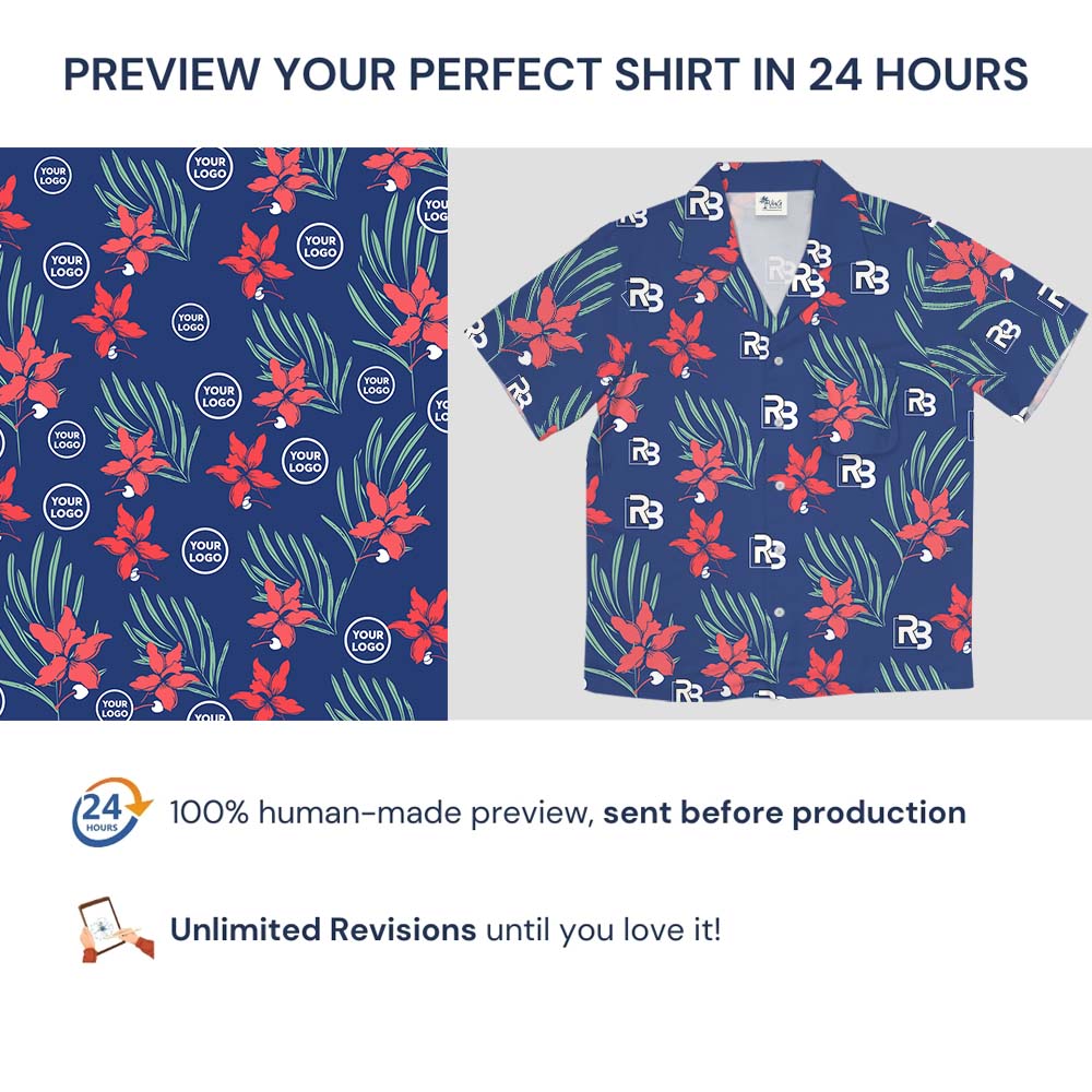 Navy Blossom Hawaiian Button Up Shirt With Logo