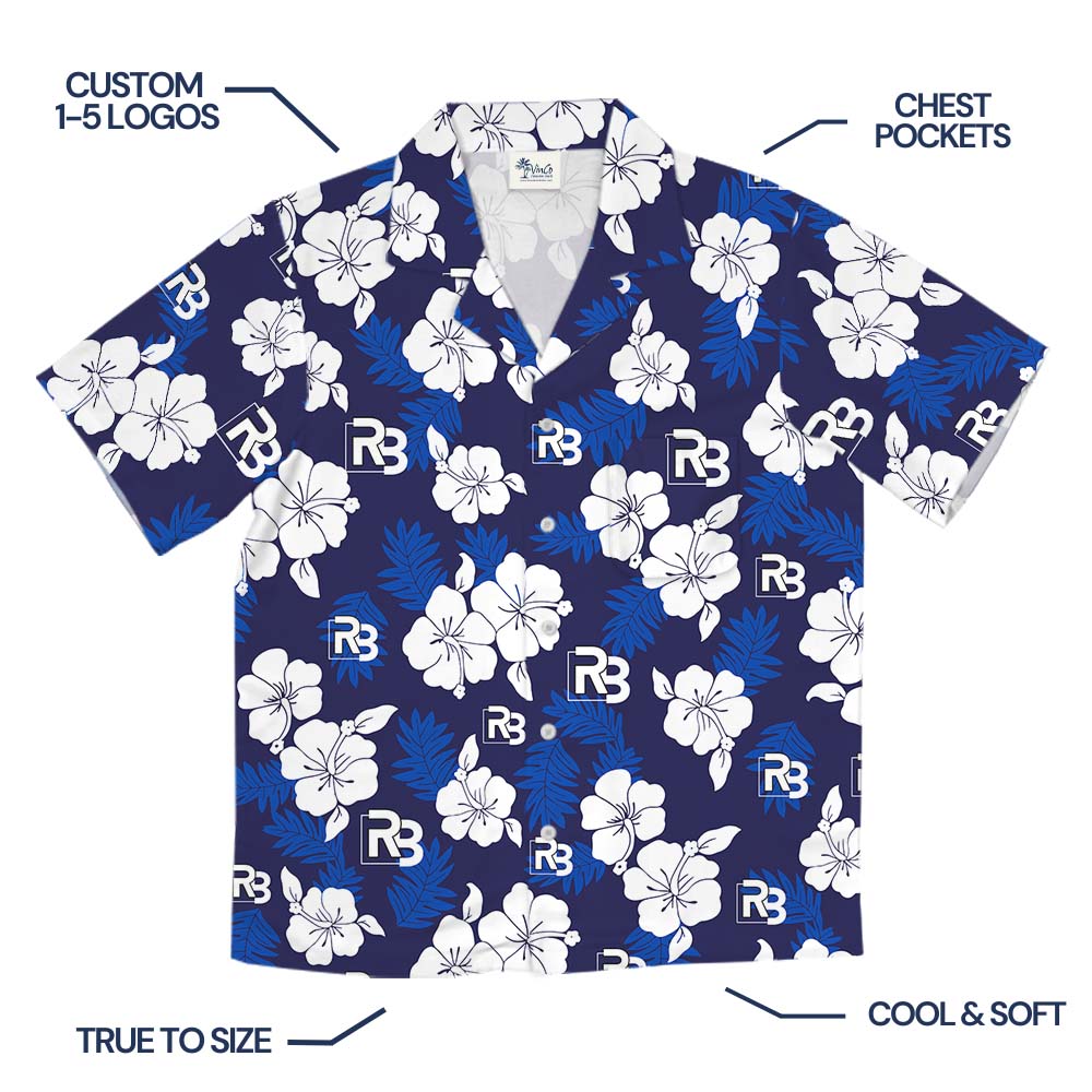 White And Navy Blossom Hawaiian Shirt With Logo