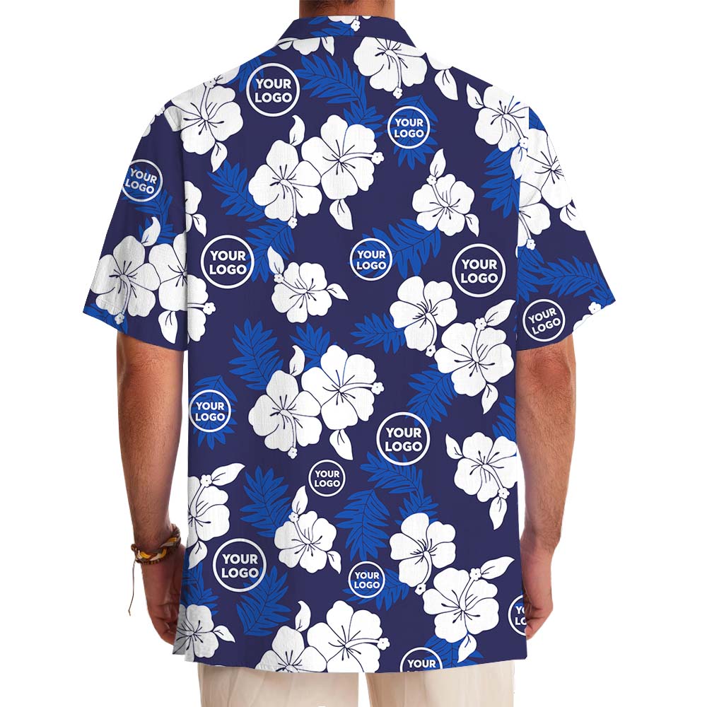 White And Navy Blossom Hawaiian Shirt With Logo