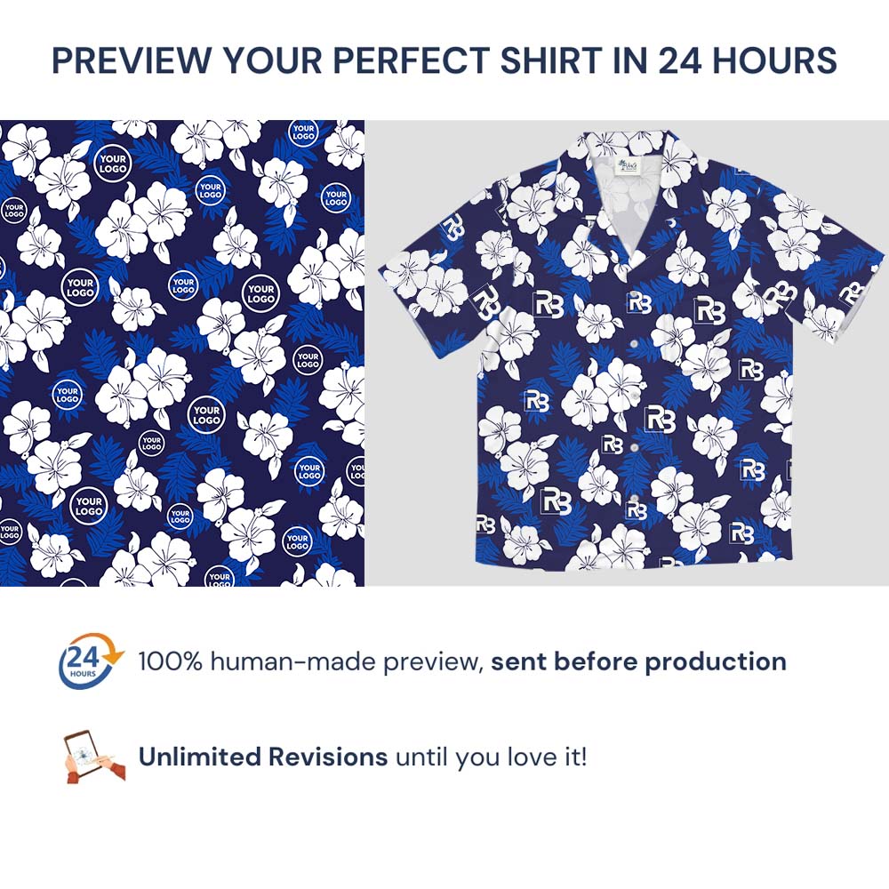 White And Navy Blossom Hawaiian Shirt With Logo