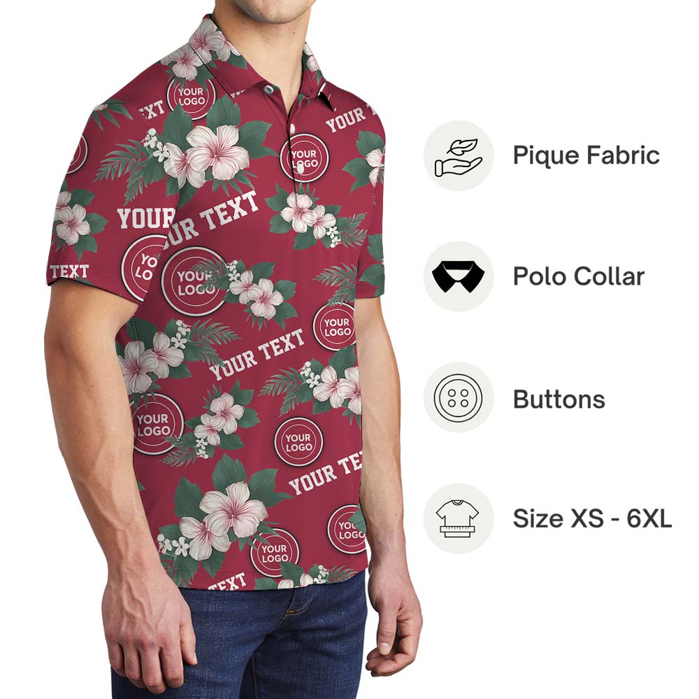 Personalized Red Floral Polo Shirt With Logo And Name