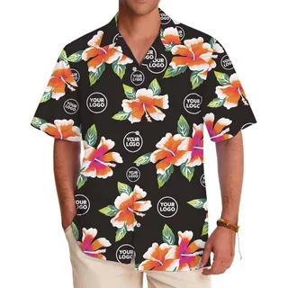 Vintage Floral Black Hawaiian Shirt With Company Logo Print