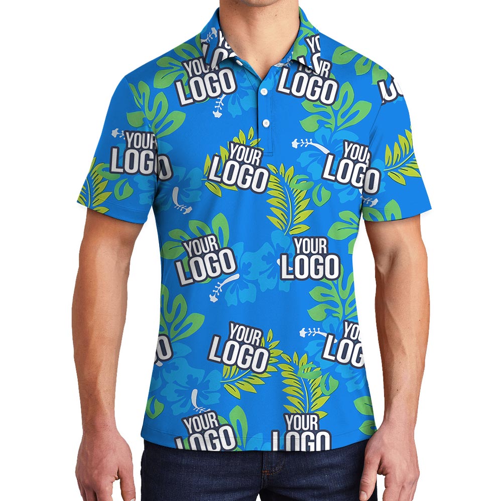 Blue Tropical Leaves Custom Logo Golf Polo Shirt - variant image 1