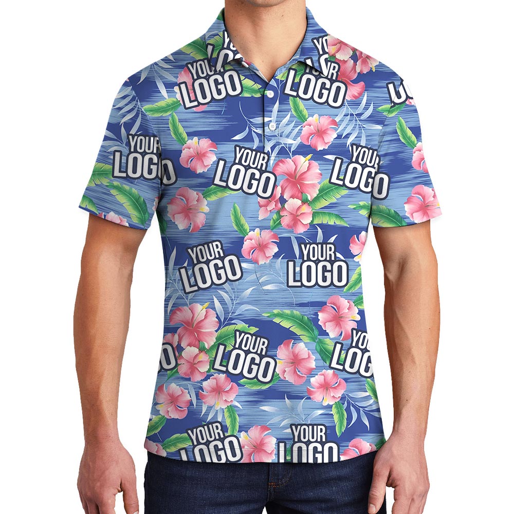 Custom Company Logo Pink Hibiscus Blue Beach Aloha Polo Shirt - variant image 1