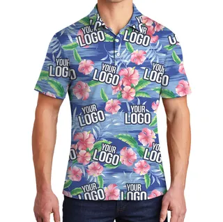 Custom Company Logo Pink Hibiscus Blue Beach Aloha Polo Shirt