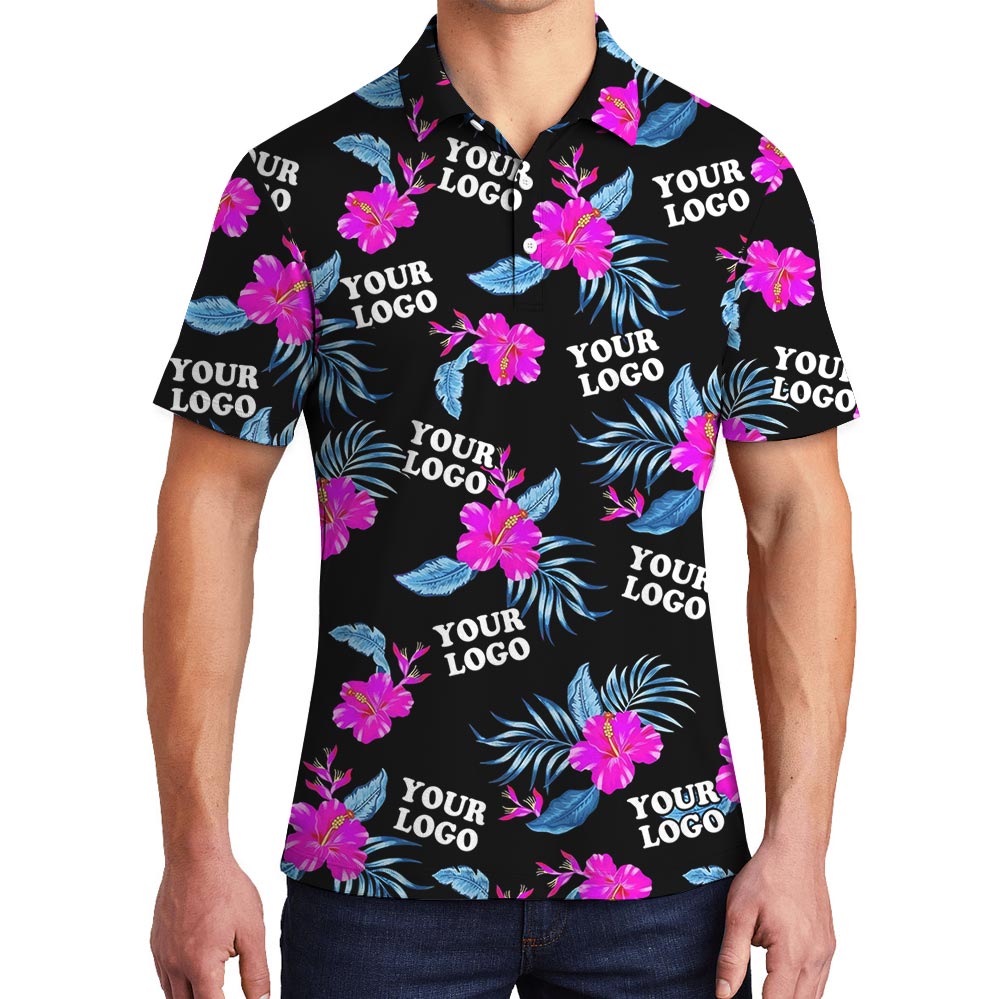Customized Pink Hibiscus Black Aloha Shirt With Multiple Logos - variant image 1
