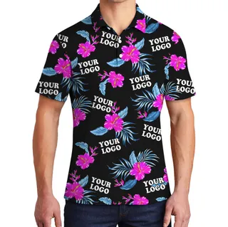 Customized Pink Hibiscus Black Aloha Shirt With Multiple Logos