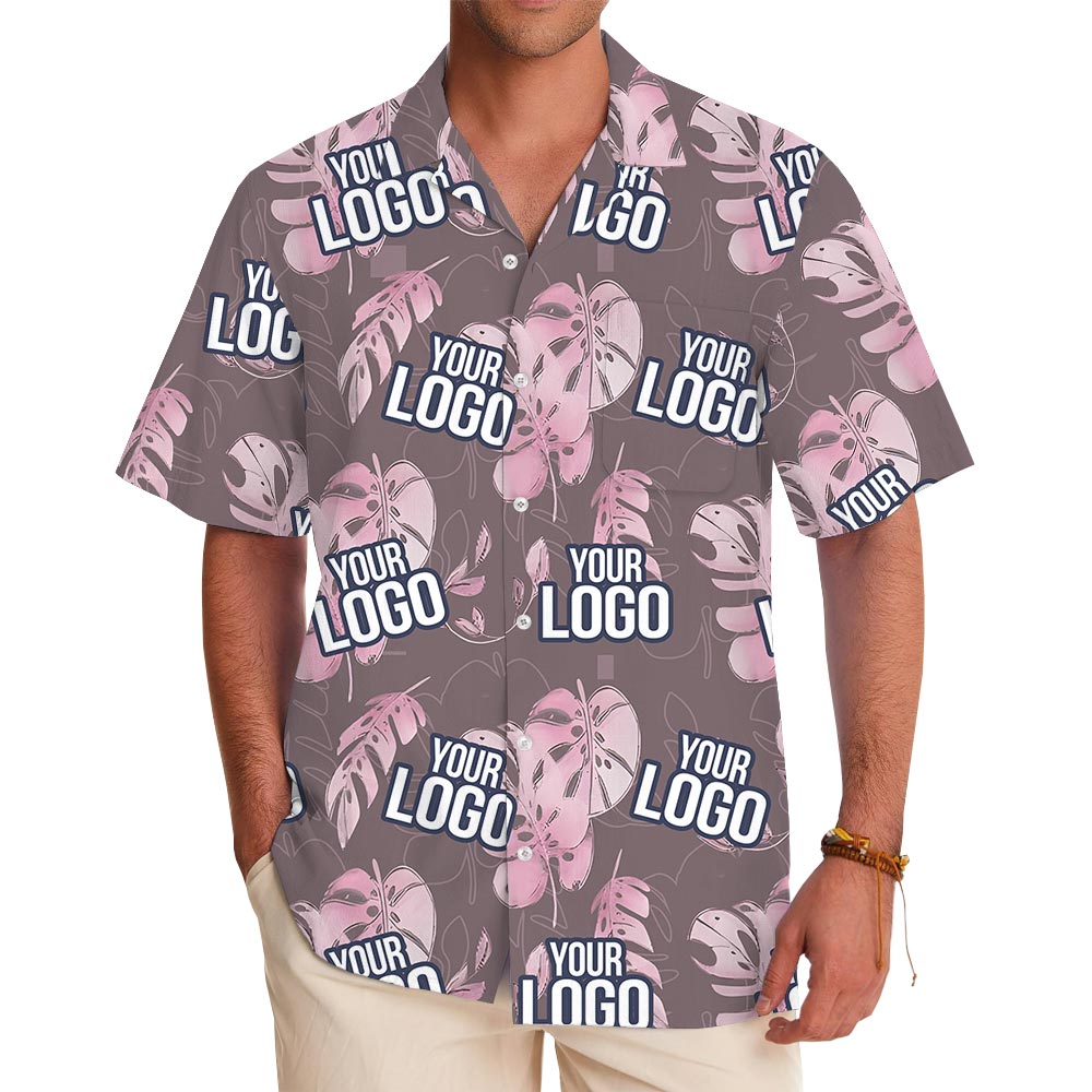 Gray Tropical Leaf Custom Logo Hawaiian Shirt - variant image 1