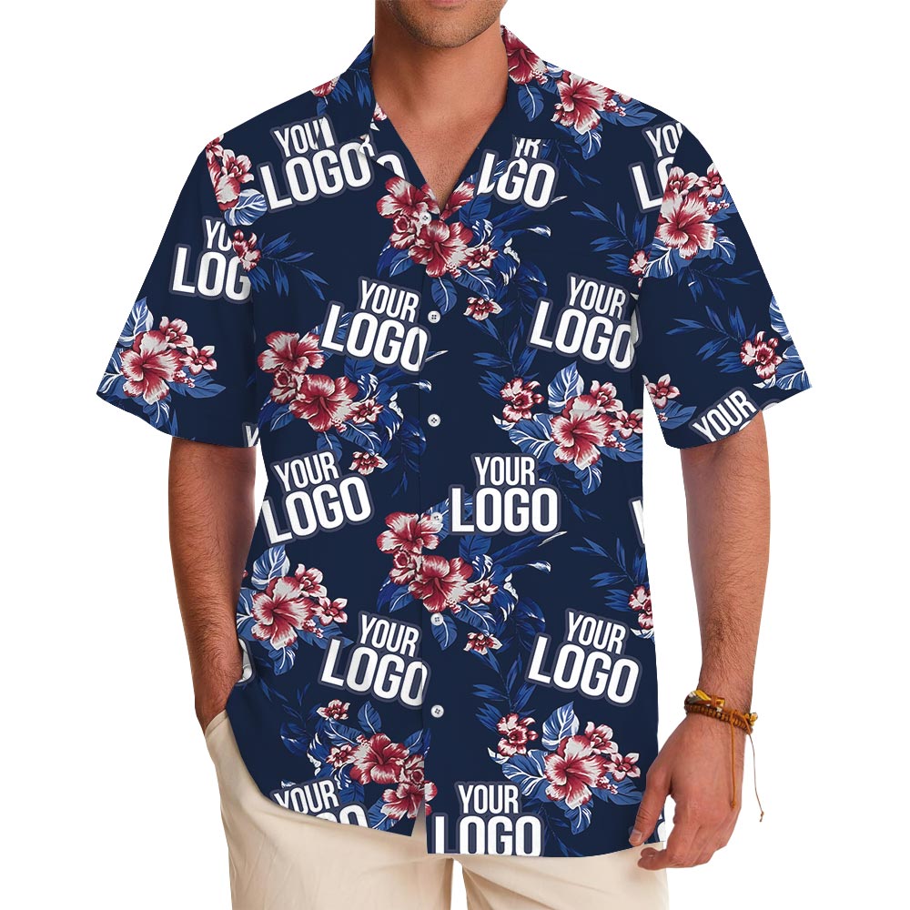 Hibiscus Blue Aloha Shirt With Custom 1-5 Logos - variant image 1
