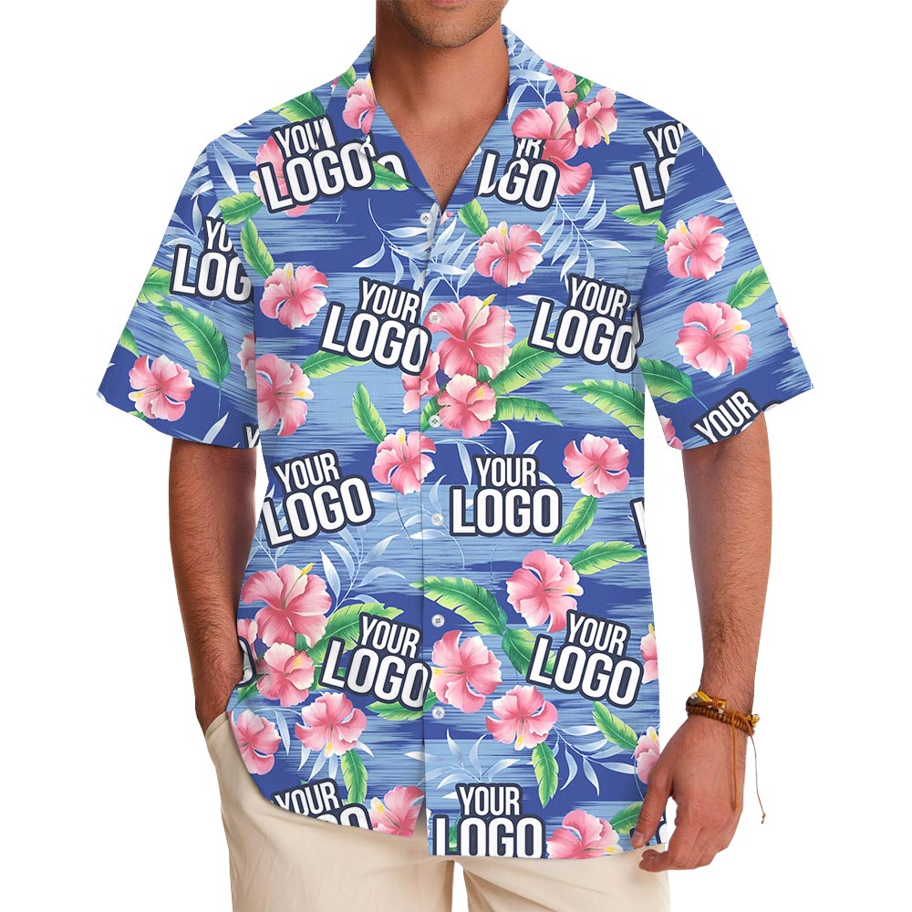 Custom Multiple Logos Blue Beach Theme Hibiscus Aloha Shirt - variant image 1