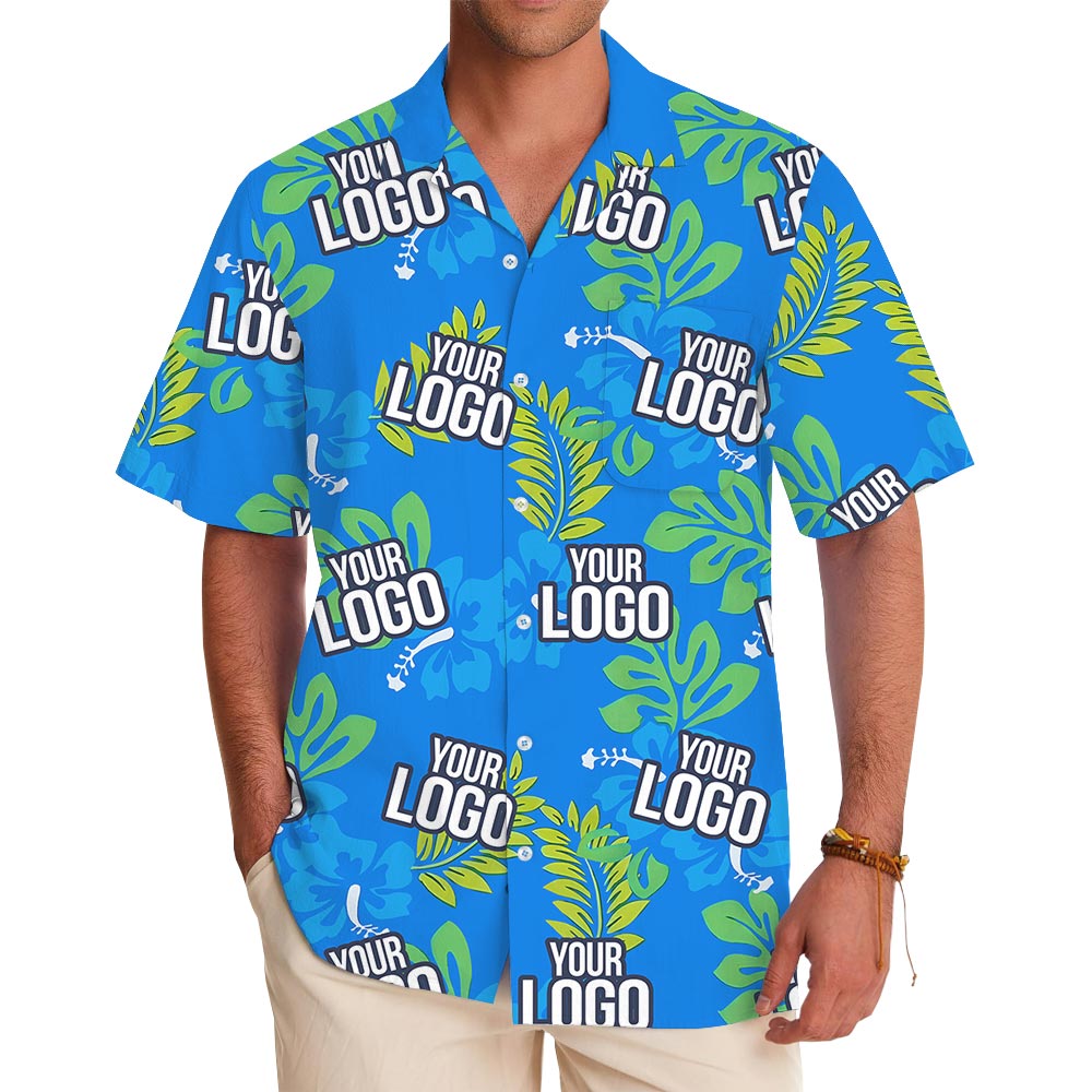 Blue Tropical Leaves Hawaiian Shirt Custom Company Logo - variant image 1