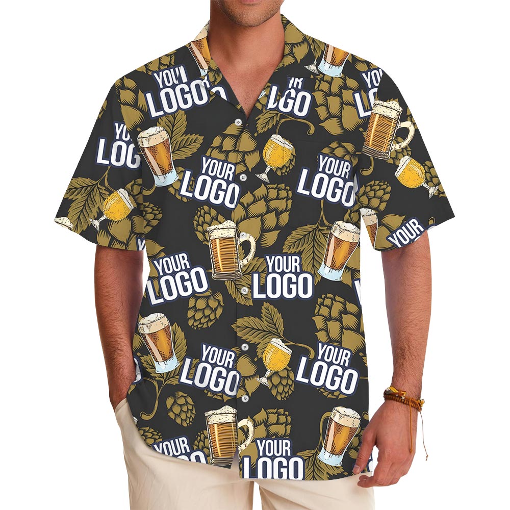 Custom Beer Flowers Black Hawaiian Shirt With Many Logos - variant image 1