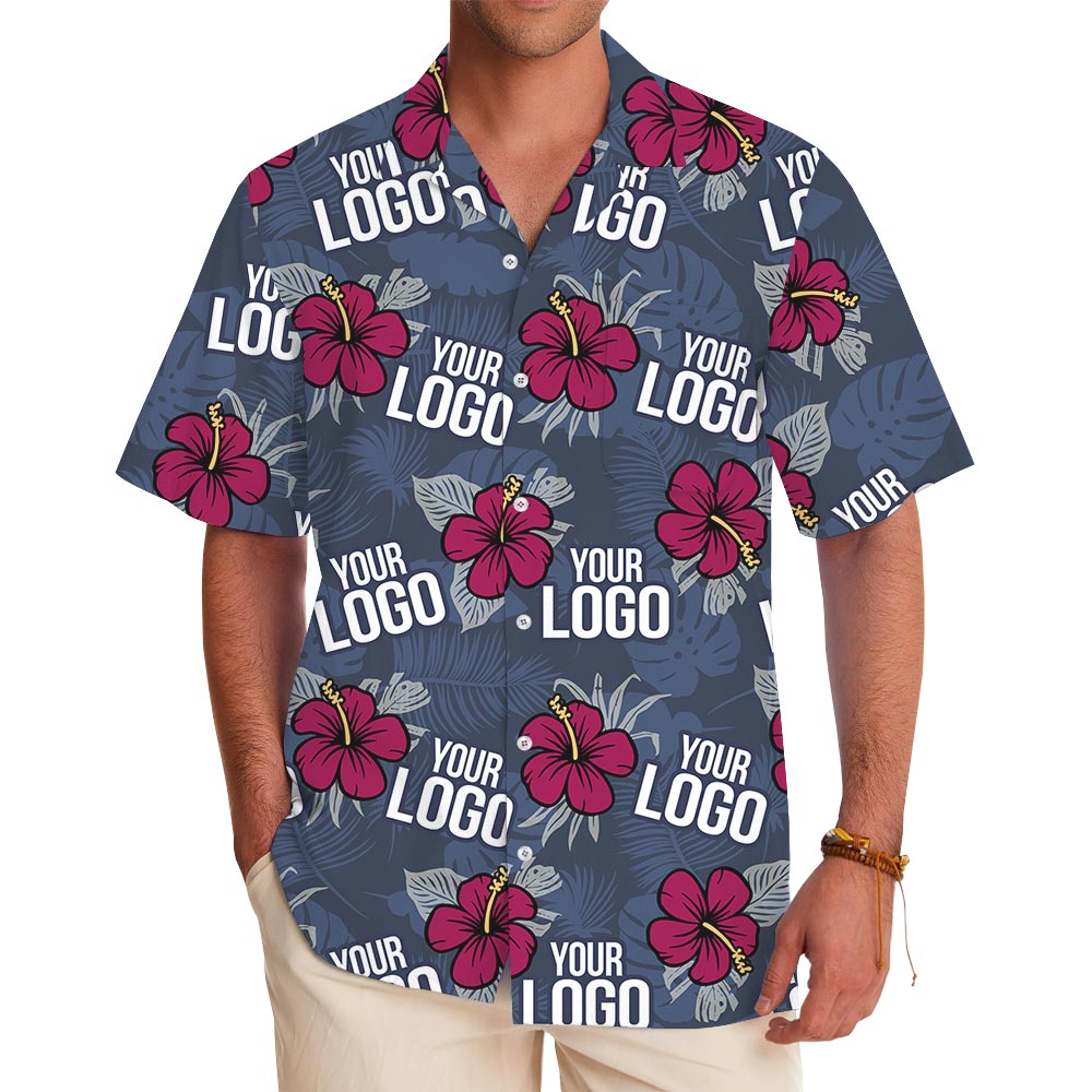 Red Hibiscus Navy Hawaiian Shirt Custom Multiple Logos - variant image 1