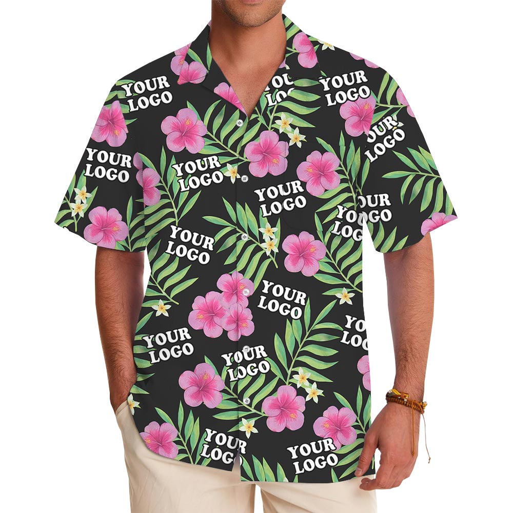 Pink Hibiscus Black Tropical Shirt With Your Logo - variant image 1