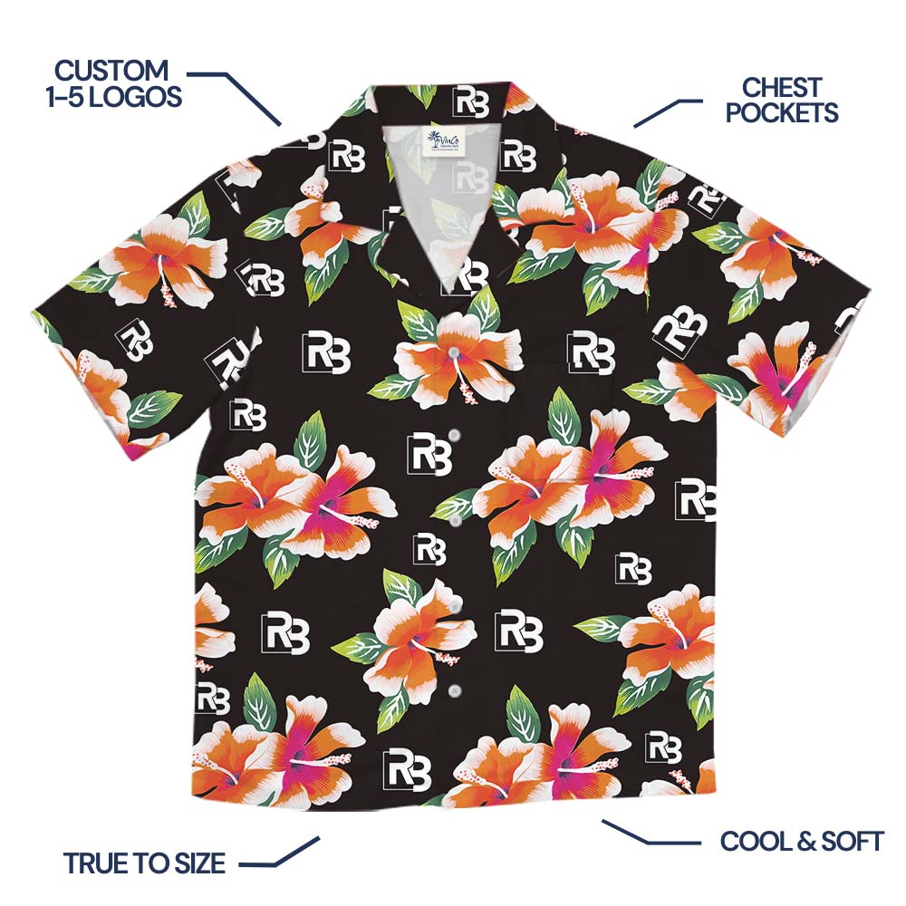 Vintage Floral Black Hawaiian Shirt With Company Logo Print