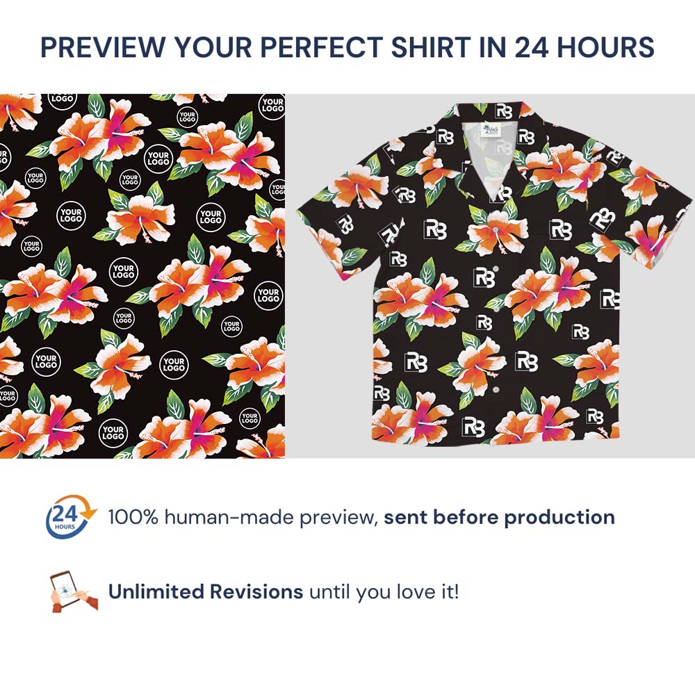 Vintage Floral Black Hawaiian Shirt With Company Logo Print