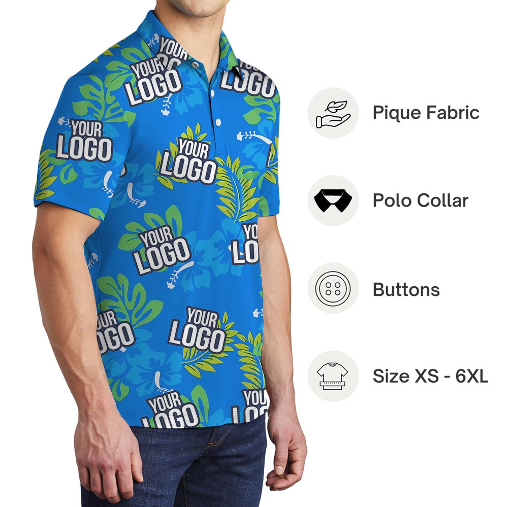 Blue Tropical Leaves Custom Logo Golf Polo Shirt