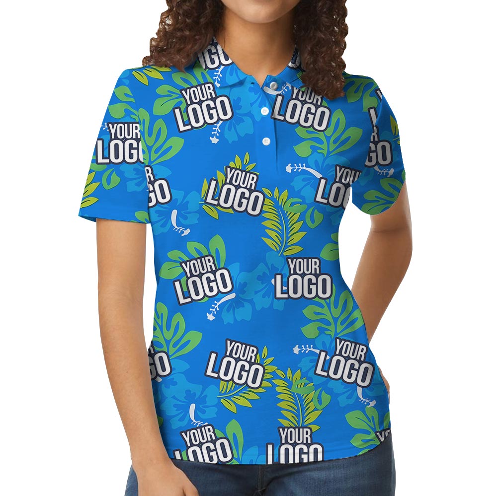 Blue Tropical Leaves Custom Logo Golf Polo Shirt