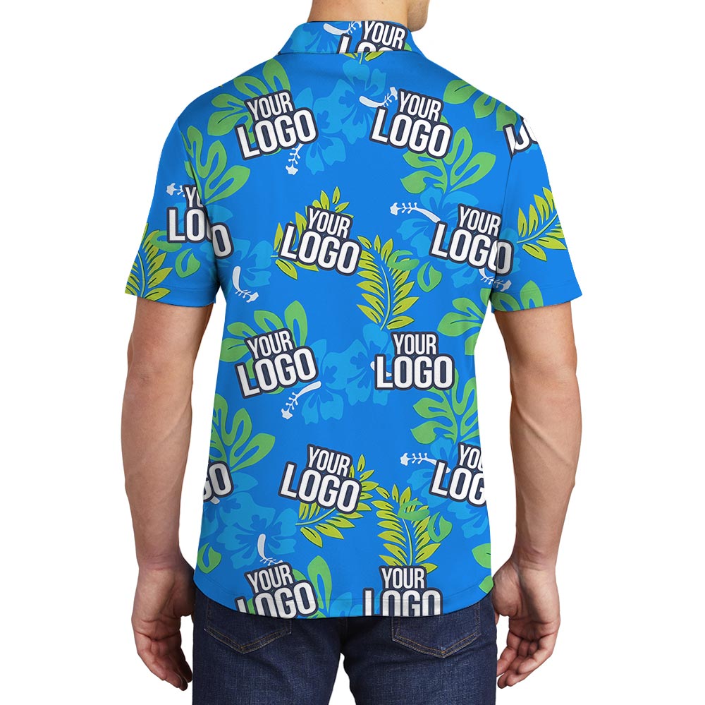 Blue Tropical Leaves Custom Logo Golf Polo Shirt
