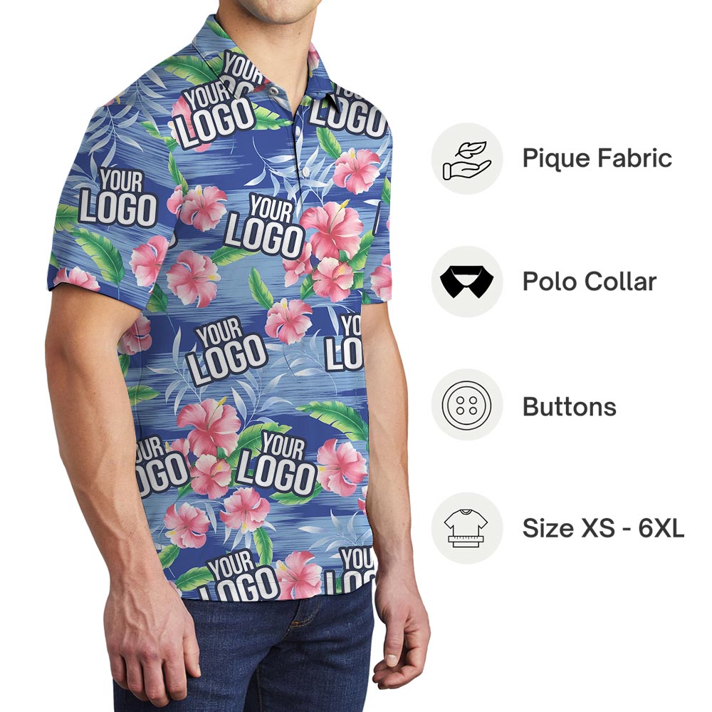 Custom Company Logo Pink Hibiscus Blue Beach Aloha Polo Shirt