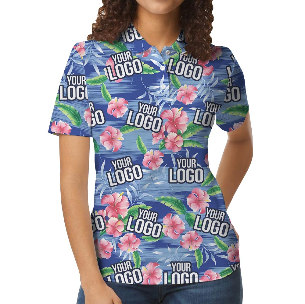 Custom Company Logo Pink Hibiscus Blue Beach Aloha Polo Shirt