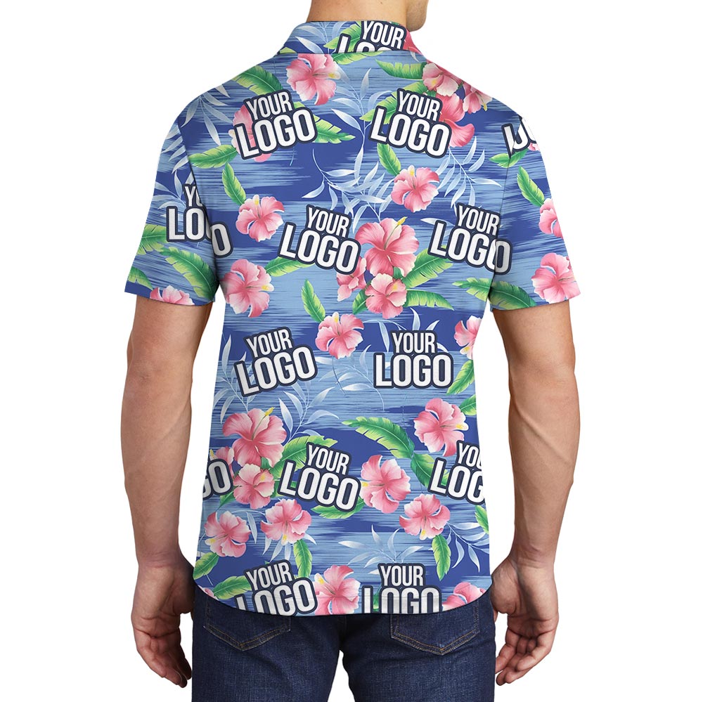 Custom Company Logo Pink Hibiscus Blue Beach Aloha Polo Shirt