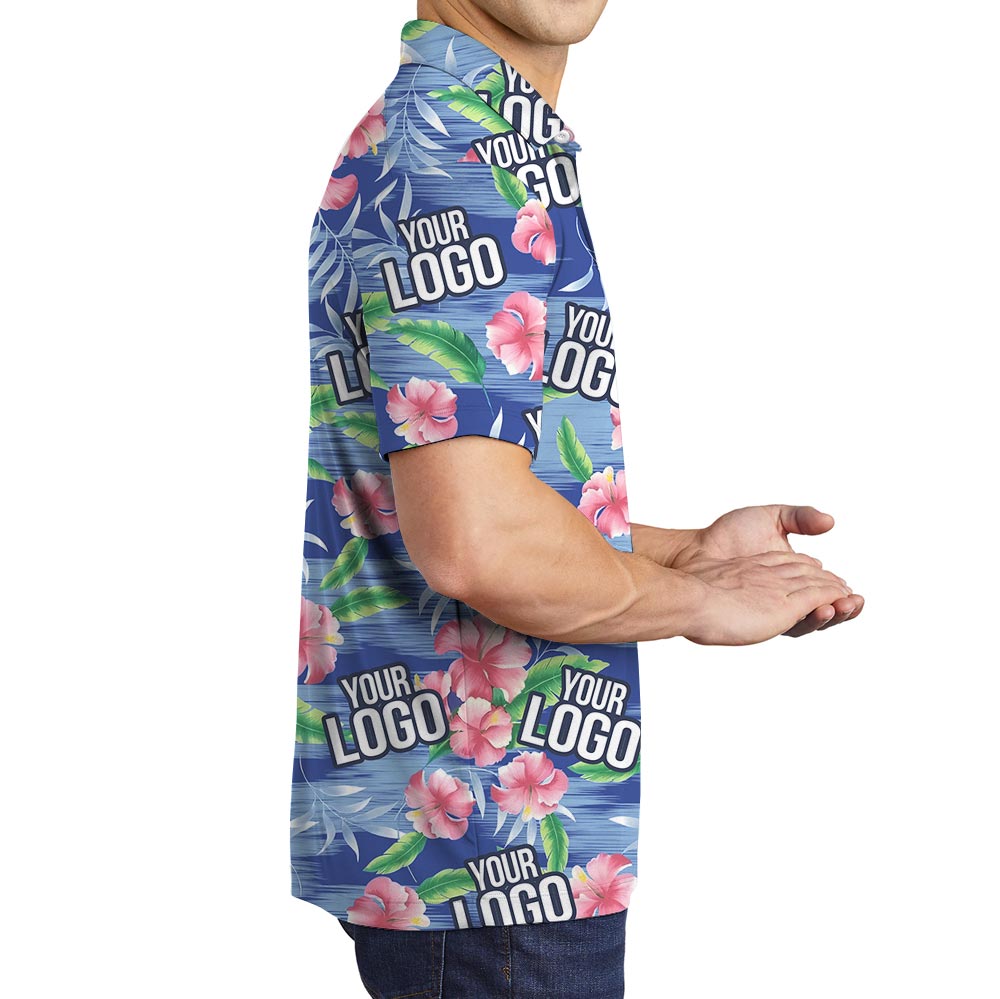 Custom Company Logo Pink Hibiscus Blue Beach Aloha Polo Shirt