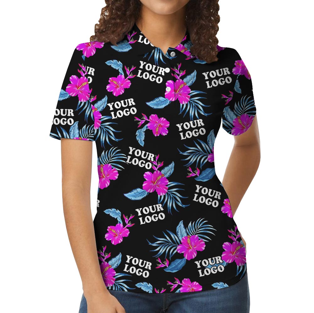 Customized Pink Hibiscus Black Aloha Shirt With Multiple Logos