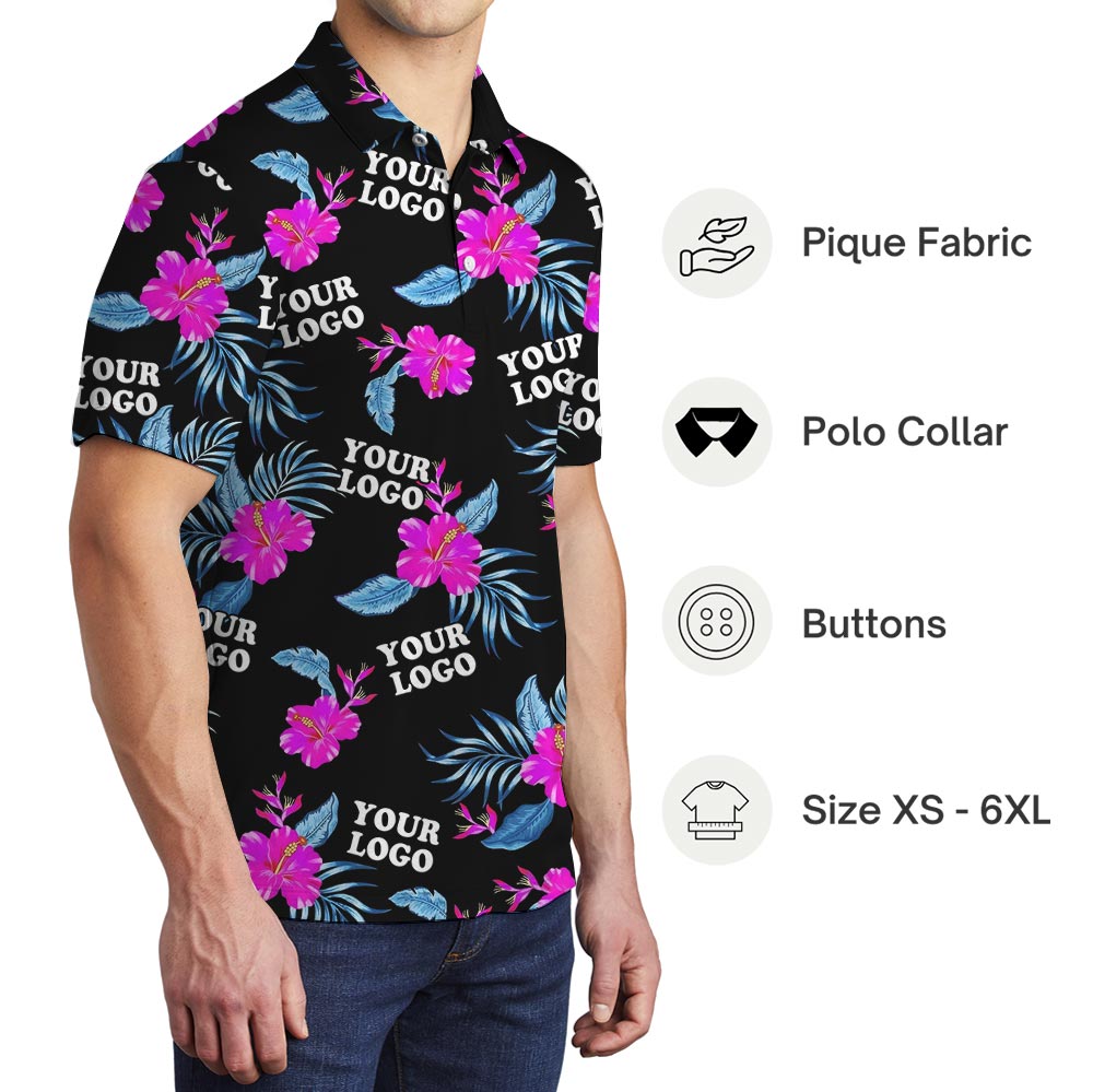 Customized Pink Hibiscus Black Aloha Shirt With Multiple Logos