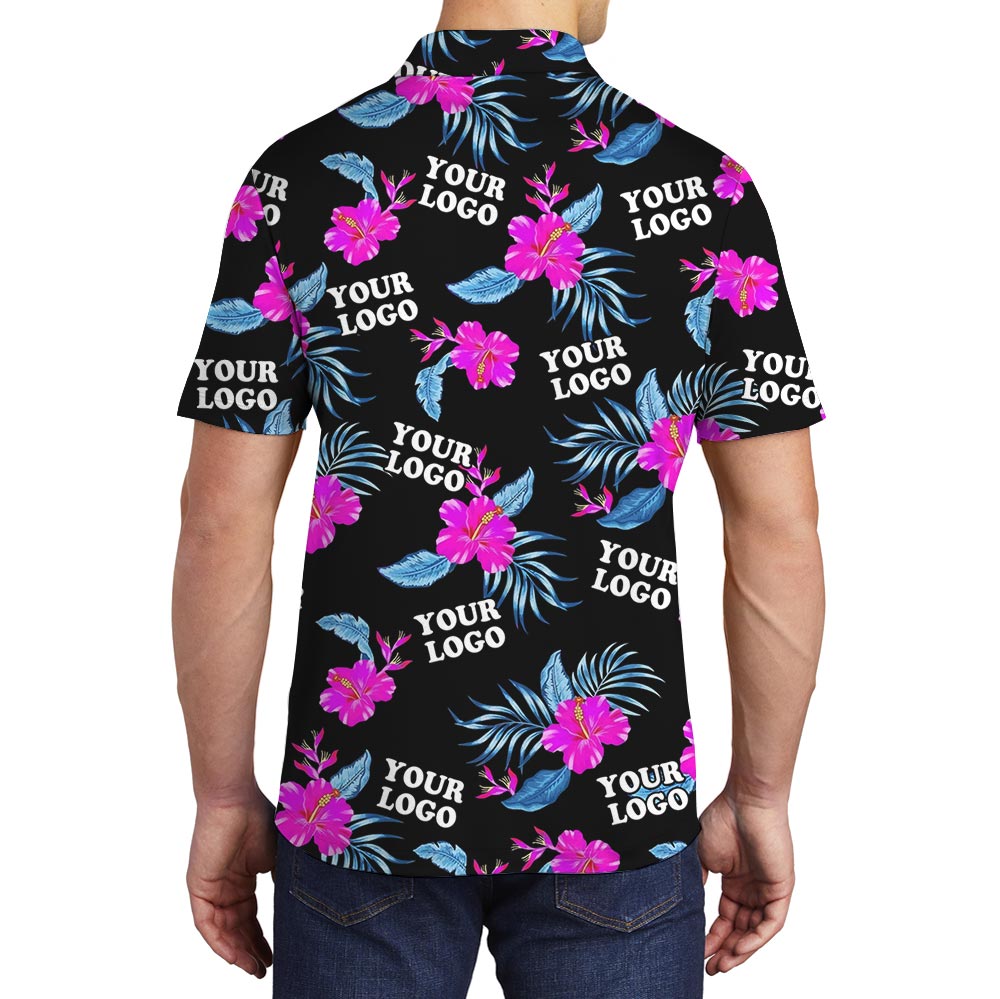 Customized Pink Hibiscus Black Aloha Shirt With Multiple Logos