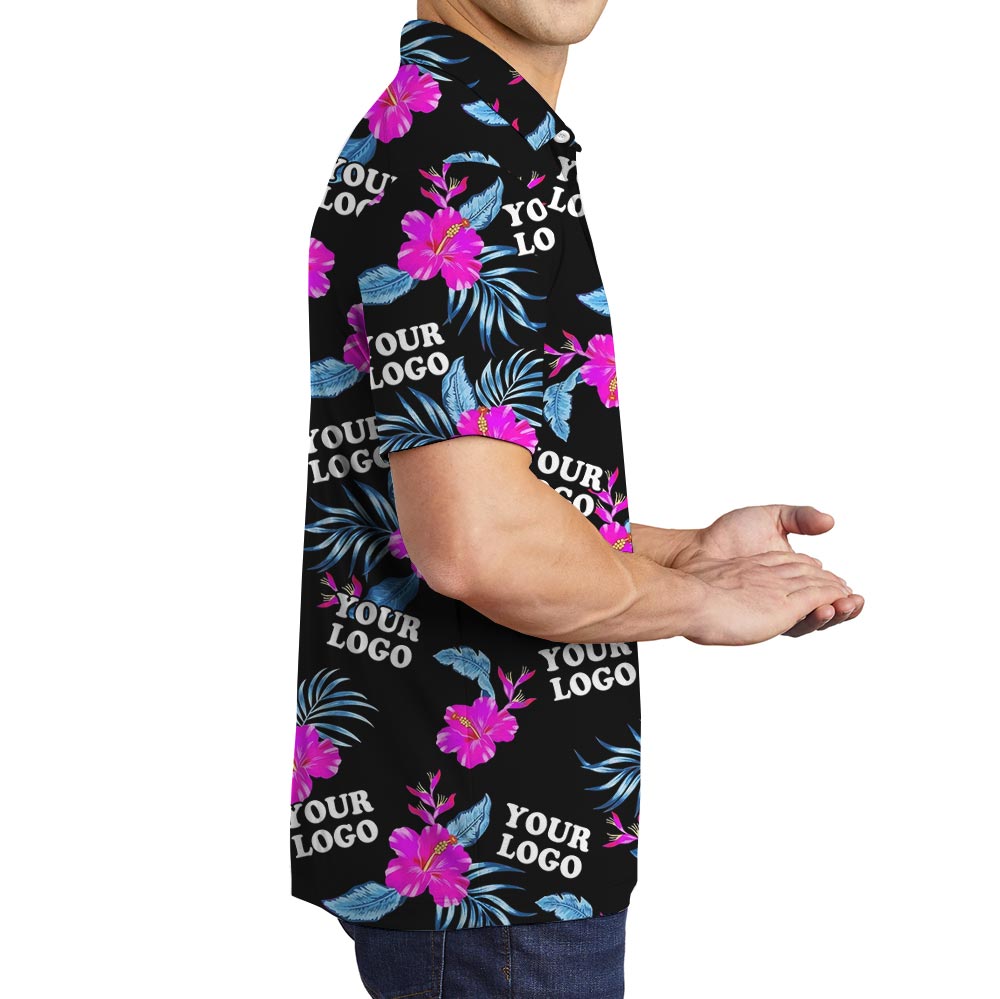 Customized Pink Hibiscus Black Aloha Shirt With Multiple Logos