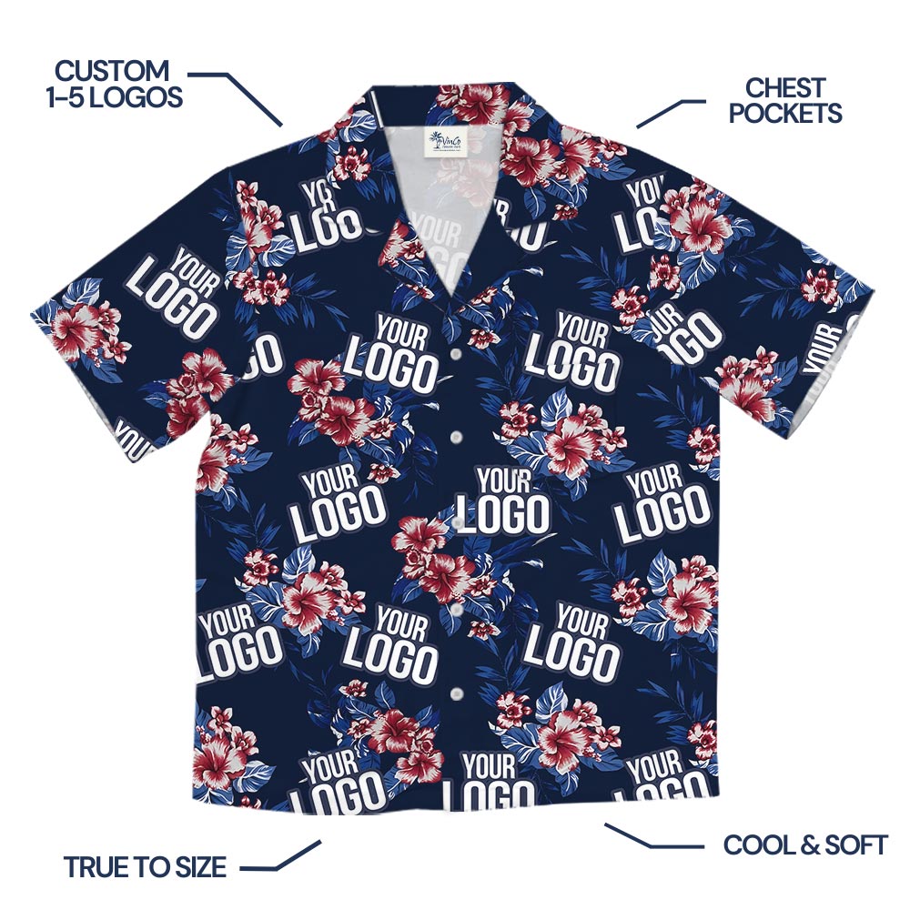 Hibiscus Blue Aloha Shirt With Custom 1-5 Logos