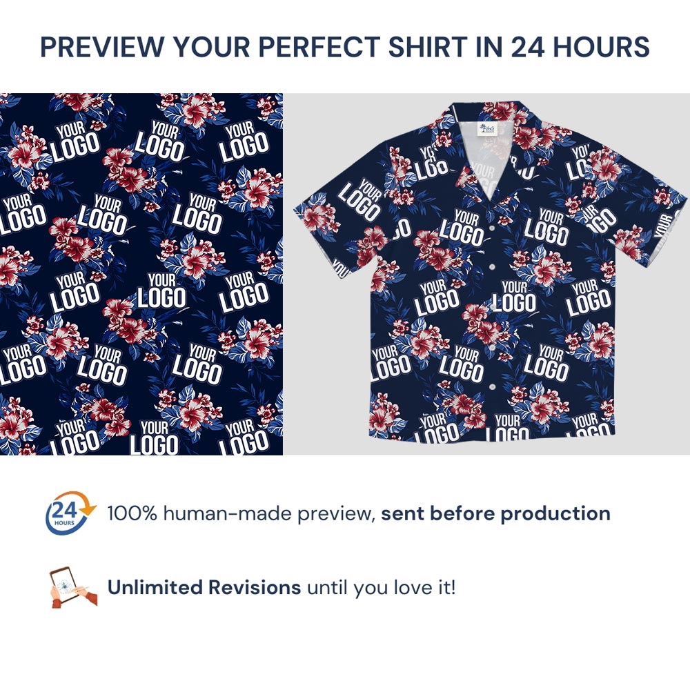 Hibiscus Blue Aloha Shirt With Custom 1-5 Logos