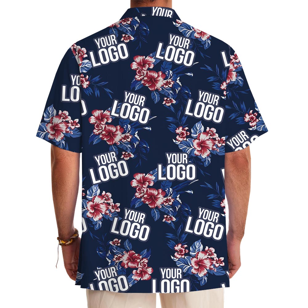 Hibiscus Blue Aloha Shirt With Custom 1-5 Logos