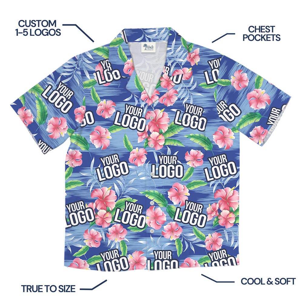Custom Multiple Logos Blue Beach Theme Hibiscus Aloha Shirt