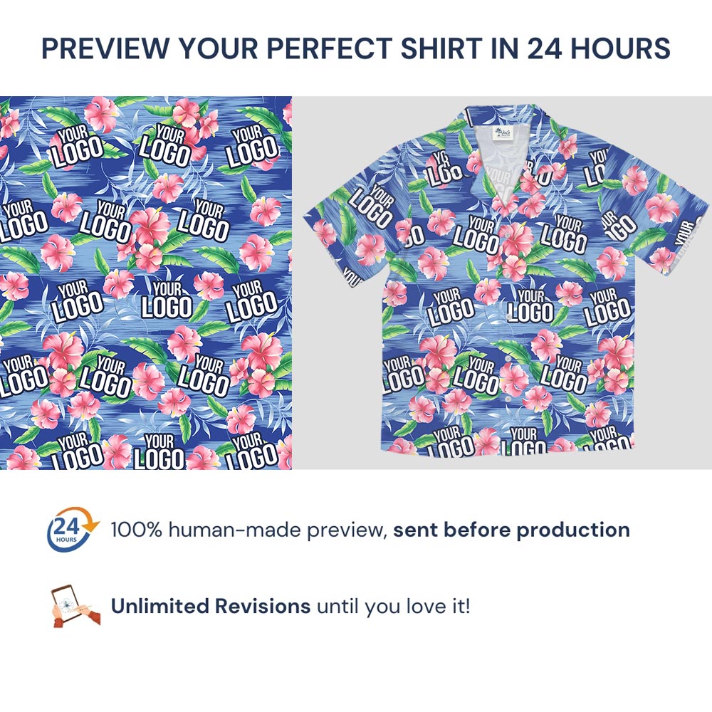 Custom Multiple Logos Blue Beach Theme Hibiscus Aloha Shirt