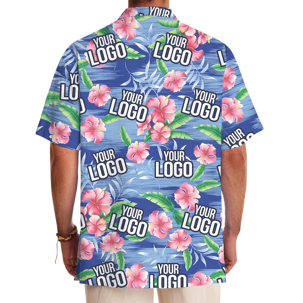 Custom Multiple Logos Blue Beach Theme Hibiscus Aloha Shirt