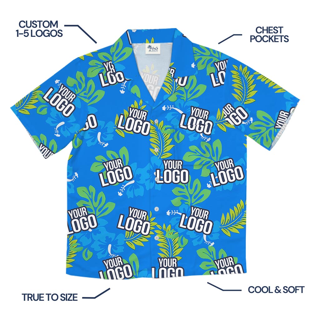 Blue Tropical Leaves Hawaiian Shirt Custom Company Logo