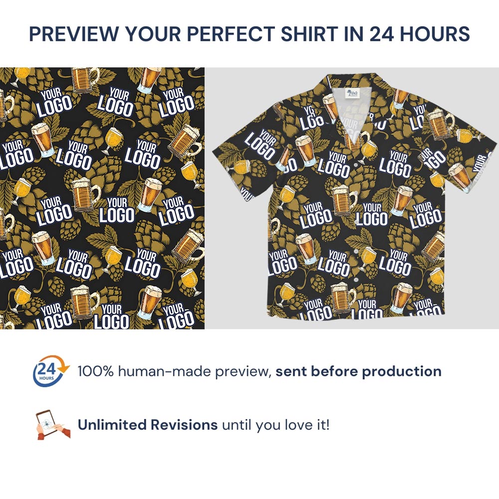 Custom Beer Flowers Black Hawaiian Shirt With Many Logos